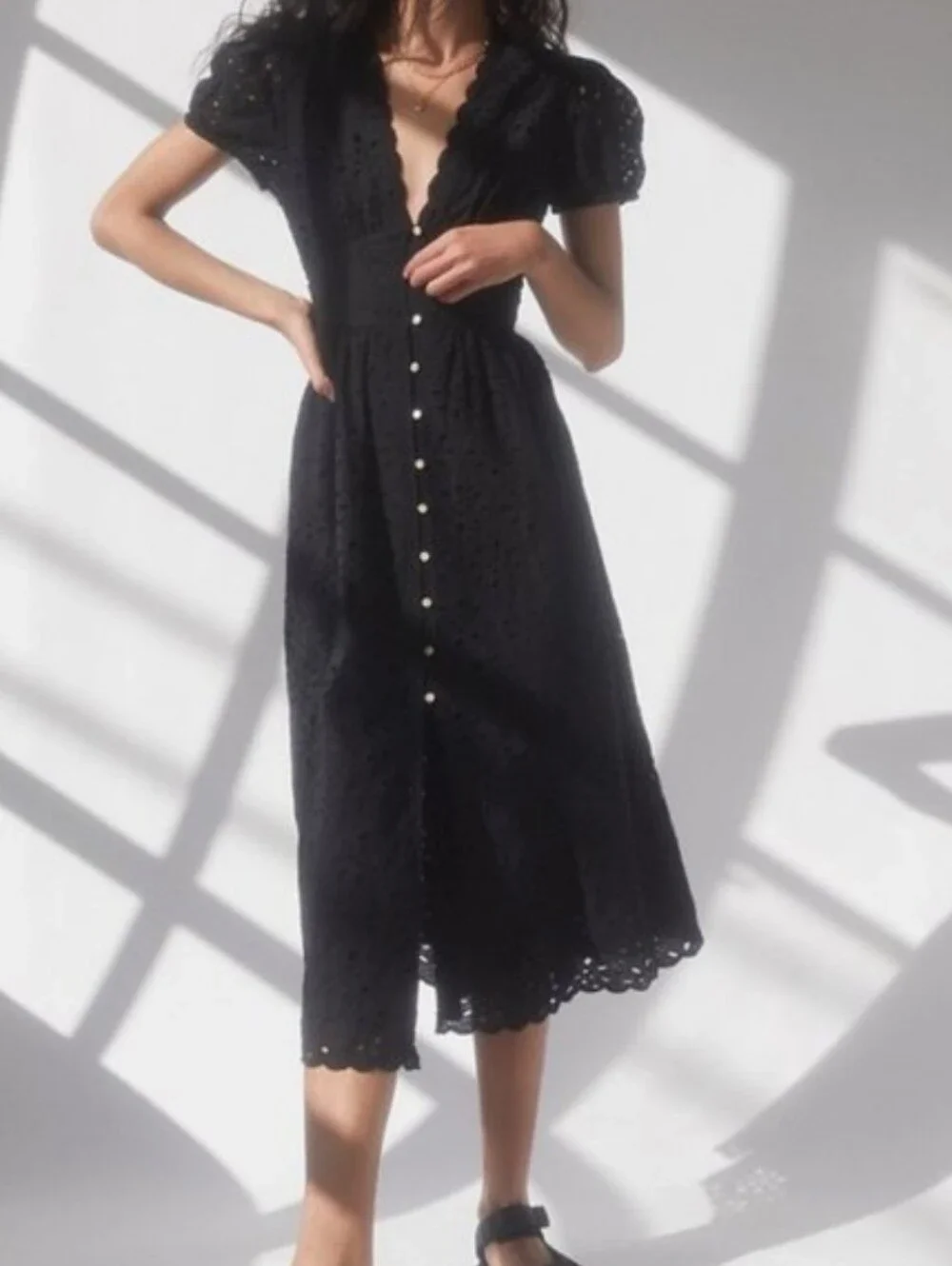 Wilfred Black Eyelet Midi Dress - Picture 1 of 5
